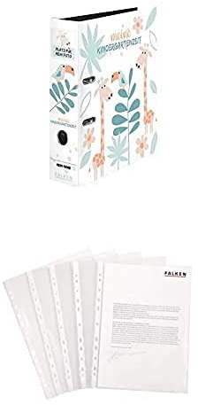 2er Set aus: Original Falken Kindergarten-Ordner mit Fototasche. 8 cm breit DIN A4 Motiv Dschungel und Falken 100er Pack Economy PP-Kunststoff Prospekthüllen für DIN A4 transparent genarbt