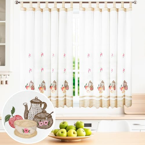 BOD HOME, 2 Piezas, Cortinas Blancas Translúcidas con Trabillas. Cortinas para Cocina, Diseños de Frutas y Tazas con Acabado de Color. Cortina Media Altura Hecha de Poliéster, 150x150cm (AnchoxAlto)