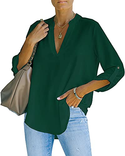 NONSAR Damblus, elegant, v-ringad, Henley, skjortblus, rullbara ärmar, lösa blusar, Mörkgrön, XL