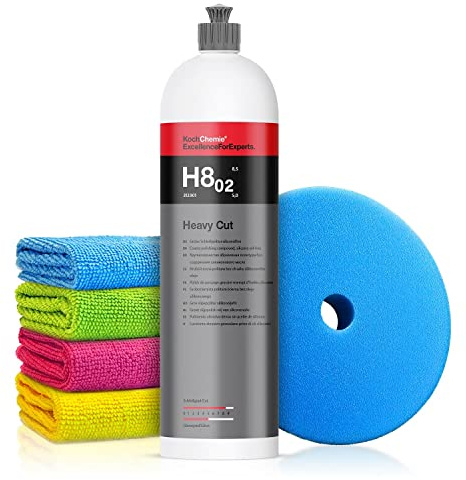 Autopolitur Set: Koch Chemie Heavy Cut H8.02 Schleifpolitur (1L) - Zur Aufereitung stark verwitterter Lacke - Für alle Lacke - Exzenter oder Rotation - Auto polieren, Politur, Schleifpaste | 6-teilig