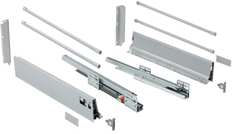Cajón de cocina AZERODESIGN altura 199mm guías de freno de extracción total, rieles de hasta 50 kg de peso, color en gris laterales regulables, kit de varillas redondas (450mm)