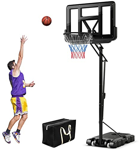 COSTWAY Canasta Baloncesto, Altura Ajustable de 10 Niveles, 143cm-305cm, Aro de Baloncesto Portátil con Ruedas, Base Rellenable, Interior y Exterior