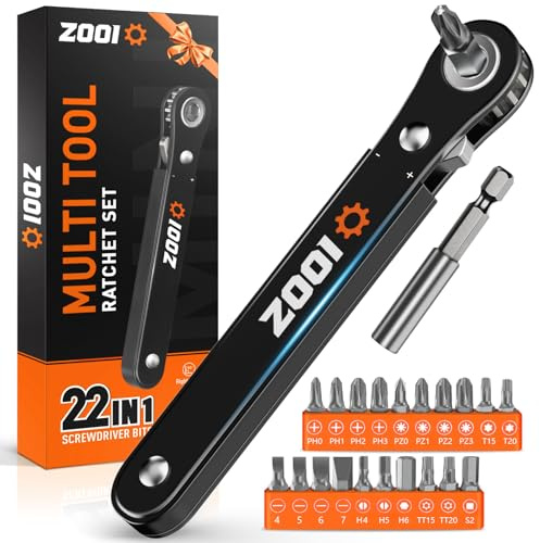 ZOOI 22 In 1 Ratchet Screwdriver Set, EDC Gear Tool Pocket Ratcheting Screwdriver, Fathers Day Mens Gifts for Husband Dad Men Him, 90 Degree Right Angle Screwdrivers, Tight Spaces Mini Ratchet Set