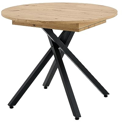 MOMMA HOME Mesa de Comedor Extensible y Plegable – Mesa Redonda para Salón, con Patas Metálicas Regulables, Color Roble/Negro, 90-120x90x75 cm