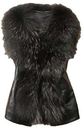 Haitpant Chaleco corto de piel falsa sin mangas para mujer, chaleco de piel sintética negra, Negro, L