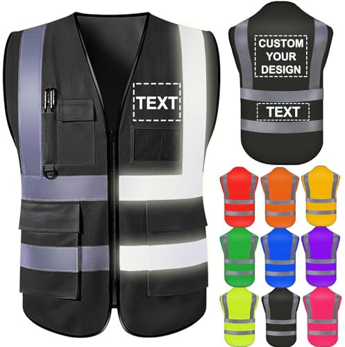 Personalisierte Sicherheitsweste für Herren, Schwarz, hohe Sichtbarkeit, reflektierende Sicherheitsweste mit Taschen und Reißverschluss, Outdoor-Schutz, Schwarz, Grande