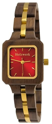 Holzwerk Germany Handgefertigte Designer Damen Öko Natur Holz-Uhr Braun Grün Gold Holz Armband-Uhr Analog Eckig Klassisch