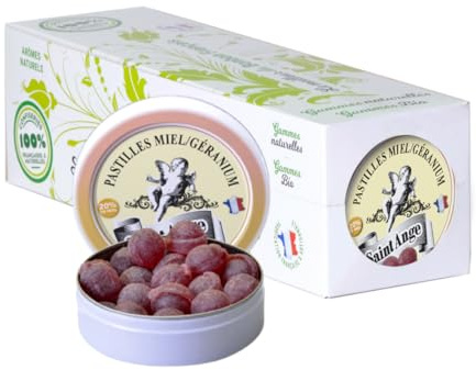 Lot de 10 boites Miel Geranium Pastilles Saint-Ange Bonbons Traditionnels 100% Français Miel Géranium