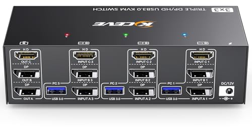 USB 3.0 Switch KVM 3 PC 3 Monitor 8K@60Hz 4K@144Hz, MLEEDA HDMI+2 Displayport Switch KVM 3 PC Condividi 3 Monitor e 4 Dispositivi USB 3.0, con Alimentatore da 12V DC, Telecomando Cablato e 3 Cavi USB