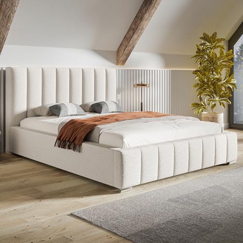 MOTIVENA Vigo Bett 160x200, Polsterbett 160x200, mit Bettkasten, mit Stauraum, mit Lattenrost, mit Kopfteil, ohne Matratze, Boucle, Weiß (Milch)