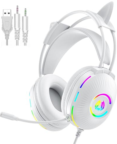 fesoklaf Gaming-Kopfhörer mit Mikrofon, süßes RGB-Kabel-Headset mit Mikrofon mit Geräuschunterdrückung, Over-Ear-Ohrhörer mit Katzenohren für Gamer/PC/Streamer/Cosplay (Weiß)