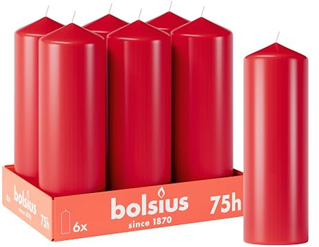 Bolsius Candele a pilastro lisce - Colore rosso - 6 pezzi - 20 x 7 cm - Durata 75 ore - Non profumate - Contiene cera vegetale naturale - Senza olio di palma
