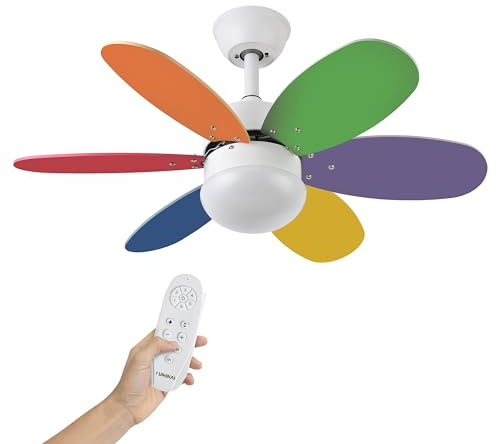 Ventilador de Techo con Luz Infantil - Ventilador Silencioso para Niños - Incluye Mando con 6 Velocidades y Aspas Reversibles - Lampara con Luz LED y Función Verano e Invierno Reversible (Multicolor)