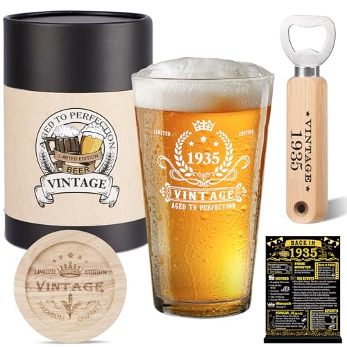 Amosking 91th Birthday Gifts for Men, Vintage 1935 Beer Glass, Wooden Bottle Opener, Vintage Beer Box, Wooden Coaster, 1935 Greeting Card and Poster Anniversary Card 91th Birthday Gift Ideas for Him