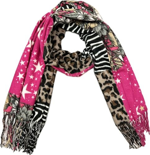 XXL Blumen Stern Leopard Herbst Winter Schal Stola Tuch Übergangsschal Baumwolle mit Fransen Leo (Pink)