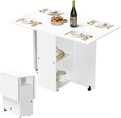 ARunThLana Klappbarer Esstisch, ausziehbarer Schreibtisch mit klappbaren Blättern, vielseitig und platzsparend, mit Rädern, für Esszimmer, Küche, Weiß