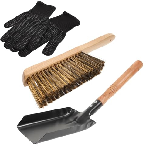 Alipis Limpieza Para Chimenea Con Pala De Cenizas De Hierro y Cepillo De Cerdas Resistentes Guantes Protectores y Mango De Madera Kit Práctico y Ligero Para Limpieza Segura