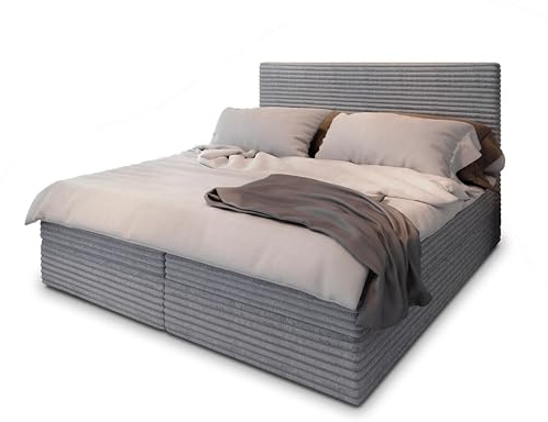 Masseno Boxspringbett PISA 180x200 cm Komplett-Set mit Matratze und Topper, Polsterbett mit Zwei Bettkästen -Hellgrau, TILIA 86