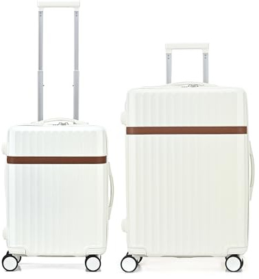 RMW Suitcase Luggage Sets 2 Piece Hard Shell Suitcases PC+ABS Lightweight Durable Travel Trolley with 4 Dual Spinner Wheels Combination Lock with Telescopic Handle (White, Cabin 20 + Medium 24)