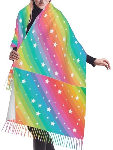 Bunte Linien und lustiger Stern, Schals mit Kaschmirgefühl, Wickelschal für Damen, Winterschal mit Fransen, leichte Stola