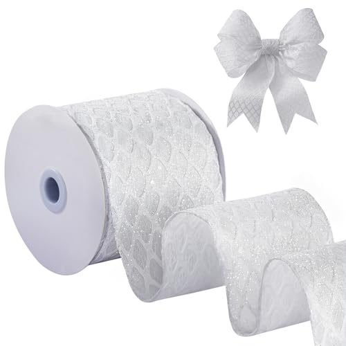 FAKILO Weißes Drahtgeflechtband, 10 cm x 9,1 m, glitzerndes Netzband, geeignet für Kranzdekoration, Weihnachtsbaumdekoration, Weihnachtsgeschirr und Tischdeckendekoration