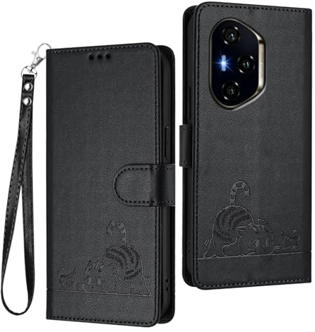WBWONE Coque Cuir pour Honor 400 5G Portefeuille Magnétique Étui RFID Housse, Fentes Cartes/Support Pliable Motif Chat Design - Noir