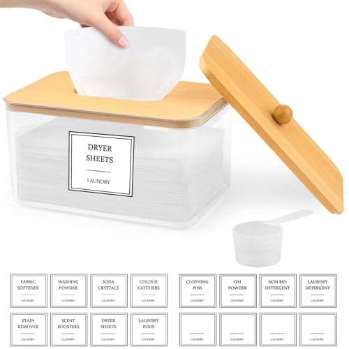 Gocasmus Dryer Sheet Holder - Clear Dryer Sheets Container with Bamboo Lid, 16 Labels and Scoops for Laundry Room Organization and Storage Dryer Sheet, Balls, Clothespins, Pods