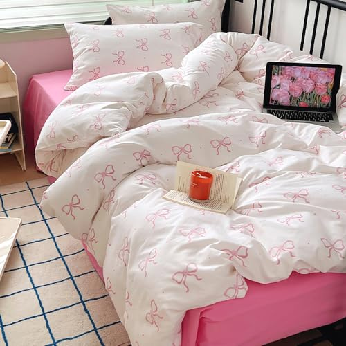 Covebett Housse de Couette 140x200 Blanc et Rose Nœud Papillon Romantique Parure de Lit Kawaii Adulte 1 Personne en Microfibre Linge de lit avec Fermeture Éclair et 1 Taies d'oreiller 65x65cm