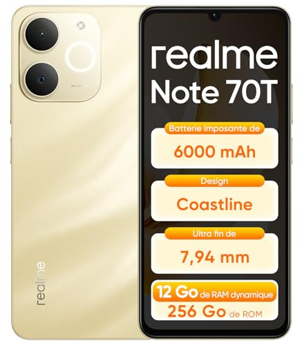 realme Note 70T, 4+256GB Smartphone, Pantalla HD de 6,75'' y 90Hz, Batería de Gran Capacidad de 6000mAh, Protección ArmorShell, Chipset T7250 de Ocho Núcleos,Next AI, IP54, Oro de Playa,Sin Cargador