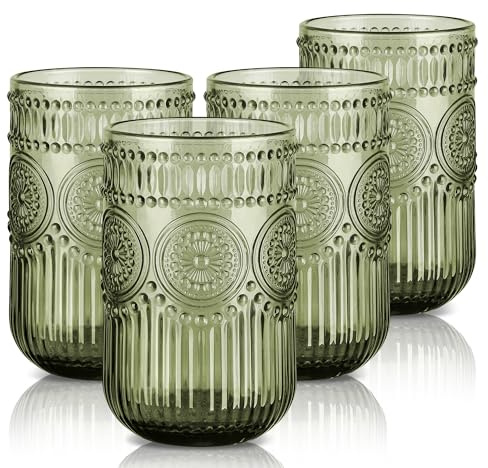 Joeyan Vintage gröna dricksglas set om 4, 414 ml präglat solros pärldekorerat highball-glas vattenbägare, färgade romantiska glas för drycker, cocktail, juice, vin, diskmaskinsäkert