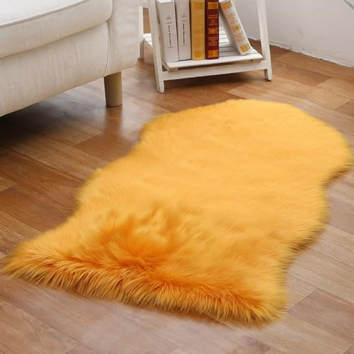 Tappeto moderno in finta pelle di pecora, morbido, a pelo lungo, per soggiorno, colore: giallo, decorativo, da comodino (75 x 120 cm), in finta lana, per la decorazione della camera da letto
