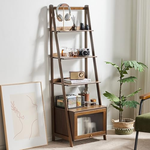 Scaffale a scaletta in noce di bambù con cassetto, espositore aperto multifunzionale e supporto per piante, per ufficio e soggiorno