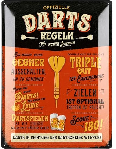 LANOLU XXL Retro Blechschild DART Regeln - Bar und Partykeller Dekoration, Irish Pub Deko, lustiges Geschenk für Männer, vintage Metallschild mit Stanzung und Wölbung 30x40cm