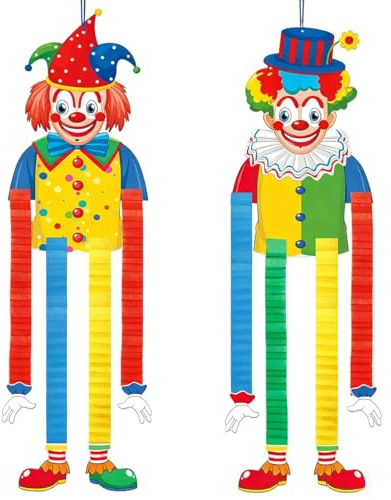 2 Stück Clown Deko Karneval, Clown Luftschlangen Karneval Girlande, Clow-n Deko Hängend, Clow-n Banner DEK-o, Faschingsdeko Clow-n für Karneva-l, Fasnacht, Zirkus, Kinderpartys, Geburststagsparty (B)