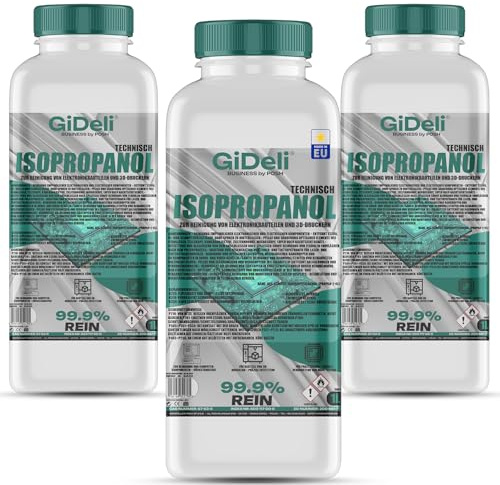 GiDeli Isopropanol Teknisk 3 x 1 l – isopropylalkohol 99,9 % – rengöring av elektroniska komponenter och 3D-skrivartillbehör