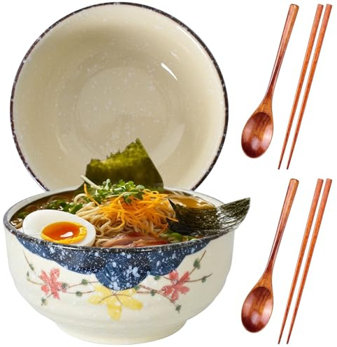 DecorDwell 2 x 1200ml Ramen Schüssel Set aus Keramik mit Essstäbchen und Löffeln, Japanisches Porzellan Geschirr, Bowl Schüssel Suppenschüssel Groß, Suppenschalen für Nudeln Getreide Salat (Blume)