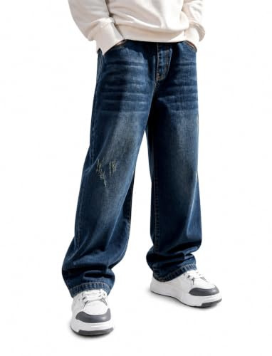JiAmy Jean Garçon Coupe Large Taille Élastique Pantalon Cargo Enfant en Denim Coton Style Streetwear Y2K avec Multi-Poches 5-13 Ans