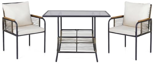 GIANTEX 3 teiliges Gartenset aus PE-Rattan, Bistroset mit 2 Stühlen & 1 Tisch, Gartemöbel Set mit Kissen, Sitzgruppe für 2 Personen, Outdoor Lounge für Hof, Terrasse & Pool (Beige)