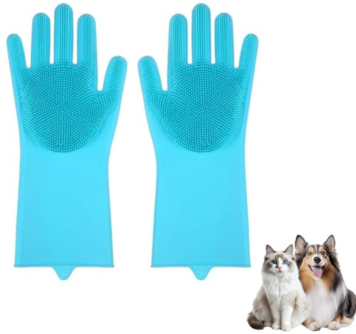 Alfven Haustier Grooming Handschuhe, Badehandschuhe für Haustiere zum Massieren Pflegehandschuhe Katzen aus Silikagel für Hunde und Katzen (Himmelblau)