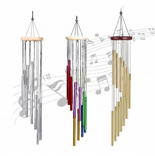 3er Set Windspiele für Draußen, 12 Röhren Metall Windspiel mit S-Haken,60cm | 12 Röhren Chimes Klangspiel für Garten Terrasse Hinterhof und Home Decor Geschenke Outdoor Indoor 60cm