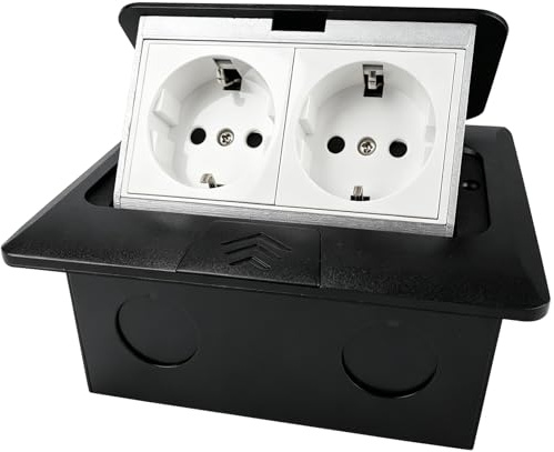 2-Fach Bodensteckdose, Versenkbar Edelstahl, Bodeneinbau Steckdose | Bodentank Elektro, Fußbodensteckdose Schwarz, für Innenräume, Küche, Büro, Arbeitsplatte, Wohnbereich