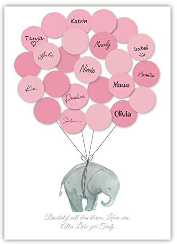 Pandawal Taufe Deko Mädchen Gästebuch Elefant Taufgästebuch Alternative Set (Rosa) Gastgeschenk Erinnerungsstück/Andenken für Baby & Kinder beschreibbar/Fingerabdruck
