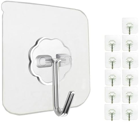 Jwxstore 12 Pack Heavy Duty Self Adhesive Hooks - 33lb Max, Transparent, Waterproof, Sticky Wall Hooks for Keys, Bathroom, Shower, Outdoor, Kitchen, Door, Home Improvement, Utility