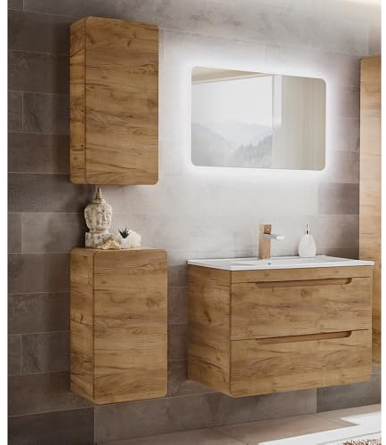Lomadox Badezimmer Set in Wotan Eiche Nb. LUTON-56-CRAFT LED-Spiegel und Keramik-Waschtisch, B/H/T ca. 130/200/46 cm