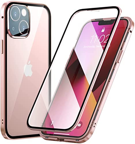 LIUKM Cover per iPhone 13 Mini Adsorbimento Magnetico Custodia 360 Gradi Protezione Cornice Metallica Doppi Lati Trasparente Vetro Temperato Custodia - Oro rosa