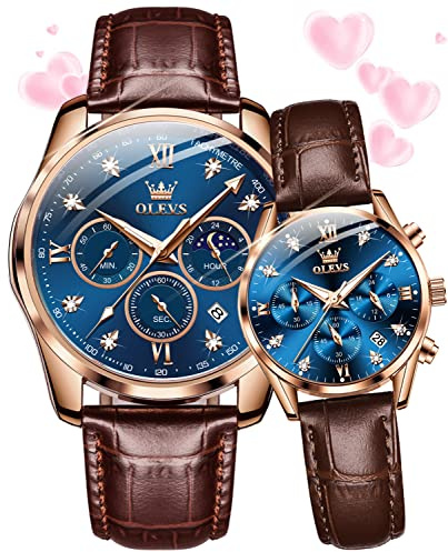 OLEVS Valentines Couple Pair Watches His and Her Couple Set Leather Chronograph Diamond Blue Wrist Watch Men Women Lovers Wedding Romantic Gifts Set of 2