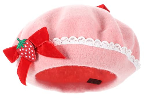 GALPADA Erdbeershortcake Hut Wollbaskenmütze Baskenmützen Erdbeerschleife Wollmütze Süße Handgefertigte Französische Baskenmütze für Halloween Weihnachten Dame Erdbeer- Hut