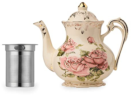 YOLIFE Ivory Rose Teapot, 25oz/2 Cup Vintage Ceamic Tea Pot with Infuser, Floral Teapot Pink Rose with Gold Trim
