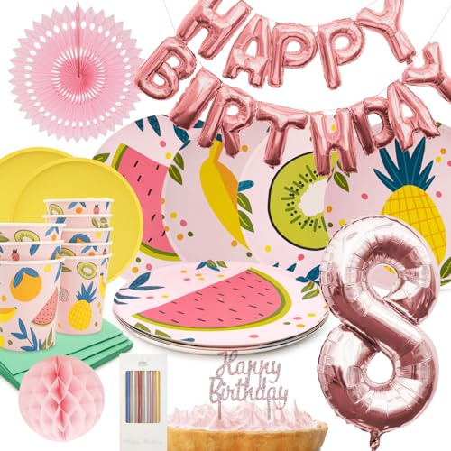 PARTY PARTY 73 Teile Geburtstag Sommer Partygeschirr 8. Geburtstag rosa Deko, 8 Gäste (Becher, Teller, Servietten, Tortendeko, Folienballons, Girlande, Wabenball) Kindergeburtstag Mädchen