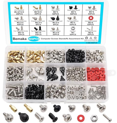 Bemaka 502PCS Computer Screws Assortment Kit, Motherboard Standoffs Screws for PC Fan, PC Case, HDD Hard Drive, ATX Case, Chassis, SSD, CD-ROM, Used for Installation & Repair of Computer Parts